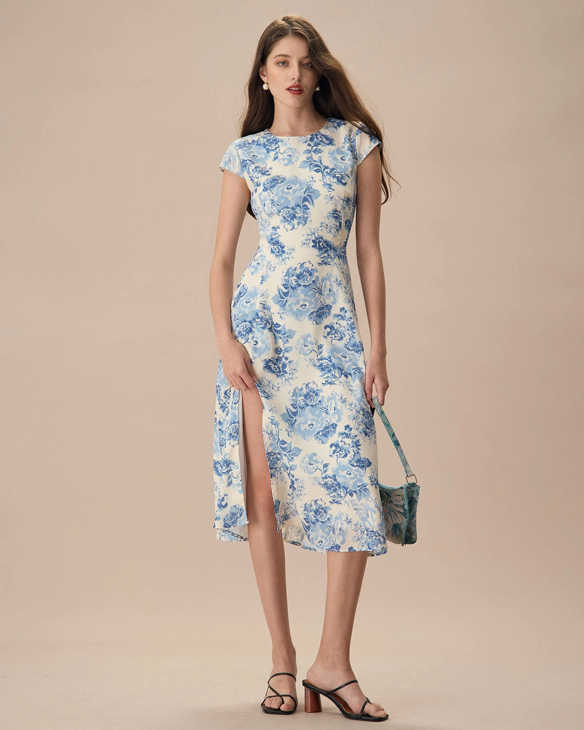 The Blue Round Neck Cap Sleeve Floral Midi Dress 6 The Blue Round Neck Cap Sleeve Floral Midi Dress - Image 6