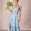The Blue Ruffle Trim Strapless Floral Midi Dress