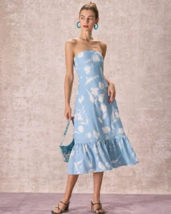 The Blue Ruffle Trim Strapless Floral Midi Dress 9 The Blue Ruffle Trim Strapless Floral Midi Dress -Deals Dress N Swimwear Store the blue strapless floral midi dress dresses eikczt