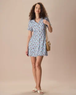 The Blue V Neck Frill Trim Floral Mini Dress -Deals Dress N Swimwear Store the blue v neck frill trim floral mini dress dresses 4gwtum