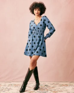 The Blue V Neck Polka Dot Long Sleeve Mini Dress -Deals Dress N Swimwear Store the blue v neck polka dot dress dresses bbvd5x 275891