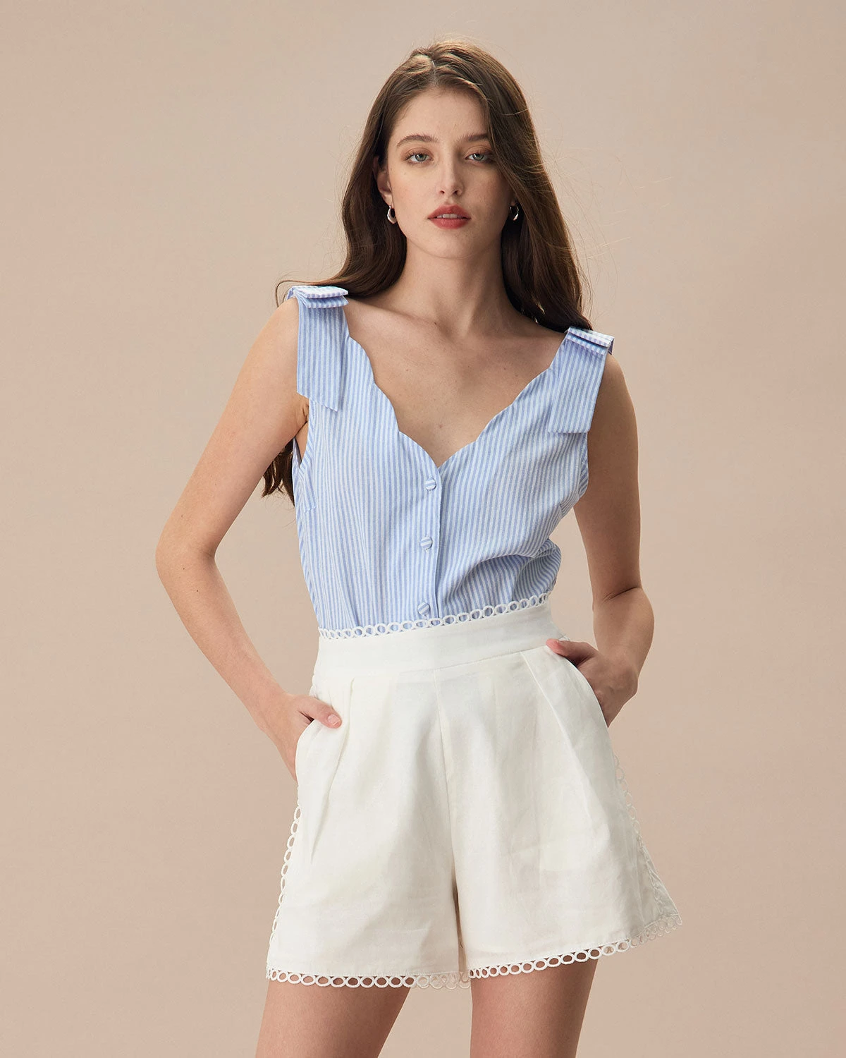 The Blue V Neck Striped Button Cotton Tank Top 1 The Blue V Neck Striped Button Cotton Tank Top