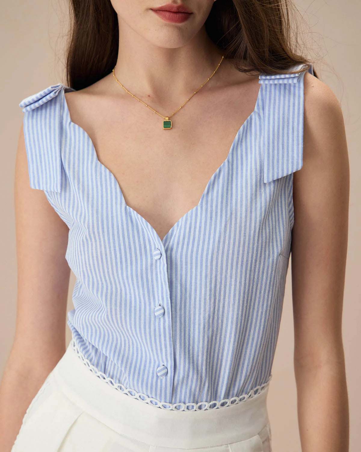 The Blue V Neck Striped Button Cotton Tank Top 2 The Blue V Neck Striped Button Cotton Tank Top - Image 2