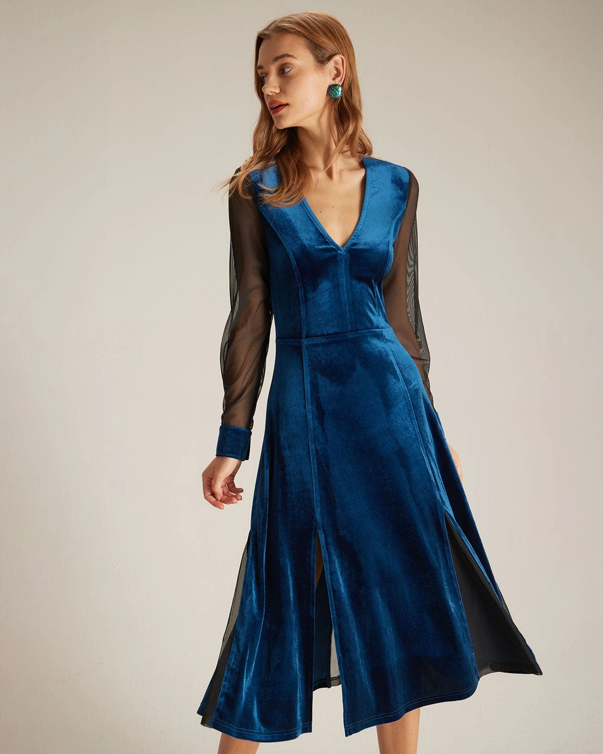 The Blue V Neck Velvet Mesh Midi Dress 4 The Blue V Neck Velvet Mesh Midi Dress - Image 4