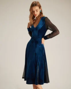 The Blue V Neck Velvet Mesh Midi Dress 8 The Blue V Neck Velvet Mesh Midi Dress -Deals Dress N Swimwear Store the blue v neck velvet mesh midi dress dresses zu6des