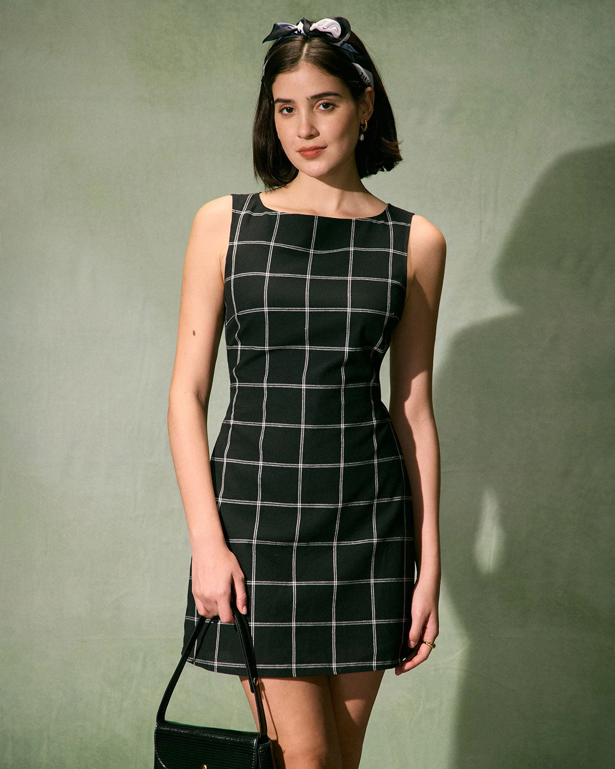 The Black Boat Neck Cotton Linen Plaid Mini Dress 1 The Black Boat Neck Cotton Linen Plaid Mini Dress