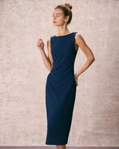 The Navy Boat Neck Ruched Midi Dress -Deals Dress N Swimwear Store the boat neck ruched midi dress dresses 2r20sv