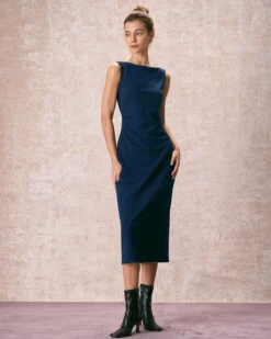 The Navy Boat Neck Ruched Midi Dress -Deals Dress N Swimwear Store the boat neck ruched midi dress dresses p6amsq