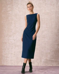 The Navy Boat Neck Ruched Midi Dress