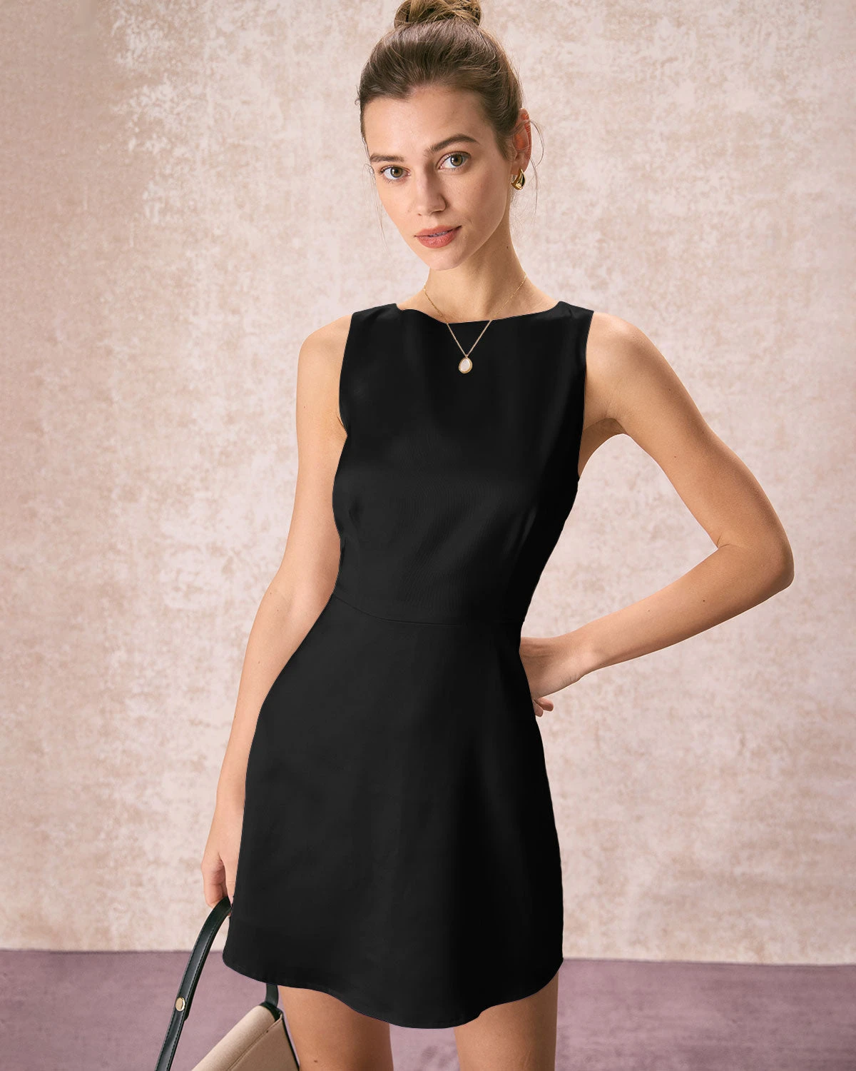 The Black Boat Neck Satin A-Line Mini Dress 1 The Black Boat Neck Satin A-Line Mini Dress