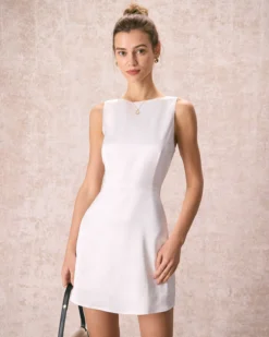 The White Boat Neck Satin A-Line Mini Dress