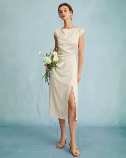 The Apricot Satin Cap Sleeve Sheath Slit Midi Dress -Deals Dress N Swimwear Store the boat neck satin slit midi dress dresses jnswqu
