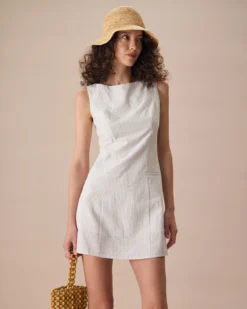 The Beige Boat Neck Striped Mini Dress