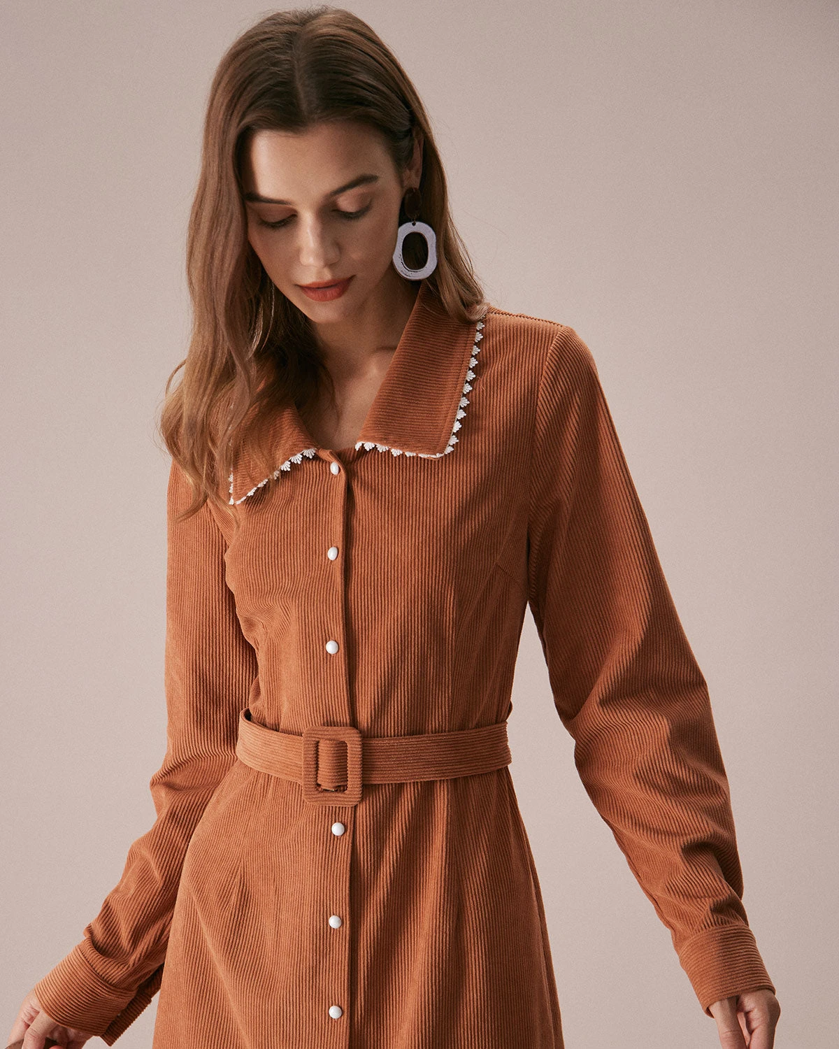 The Brown Lapel Button Corduroy Midi Dress 3 The Brown Lapel Button Corduroy Midi Dress - Image 3