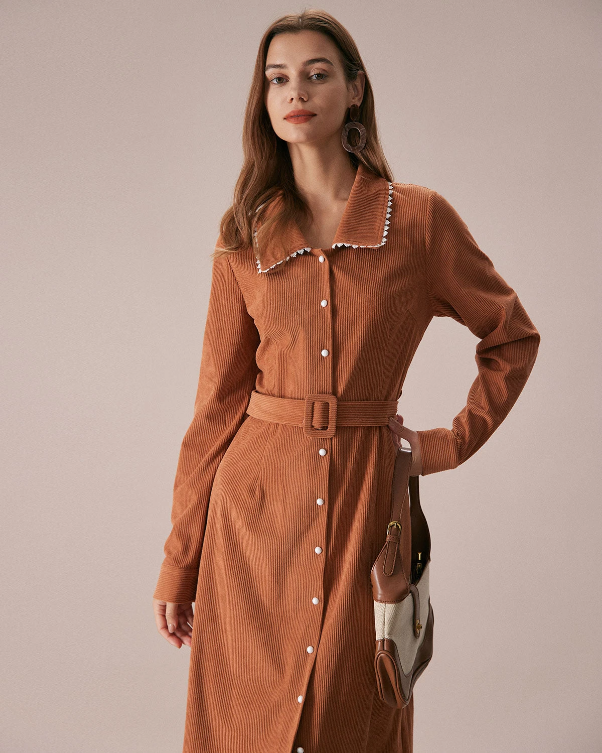 The Brown Lapel Button Corduroy Midi Dress 2 The Brown Lapel Button Corduroy Midi Dress - Image 2
