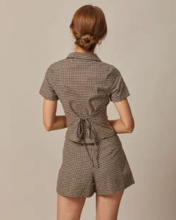 The Brown Lapel Plaid Short Sleeve Blouse -Deals Dress N Swimwear Store the brown collared plaid blouse tops eqe8nm 694341