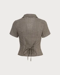 The Brown Lapel Plaid Short Sleeve Blouse -Deals Dress N Swimwear Store the brown collared plaid blouse tops gbkdey 238179