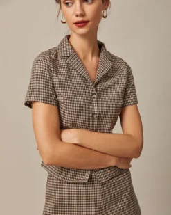 The Brown Lapel Plaid Short Sleeve Blouse -Deals Dress N Swimwear Store the brown collared plaid blouse tops svnsnt 788459