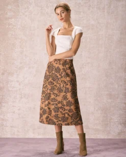 The Brown High Waist Floral Suede Midi Skirt -Deals Dress N Swimwear Store the brown floral suede midi skirt bottoms umtypr