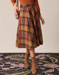 The Brown High Waisted Plaid A-Line Midi Skirt