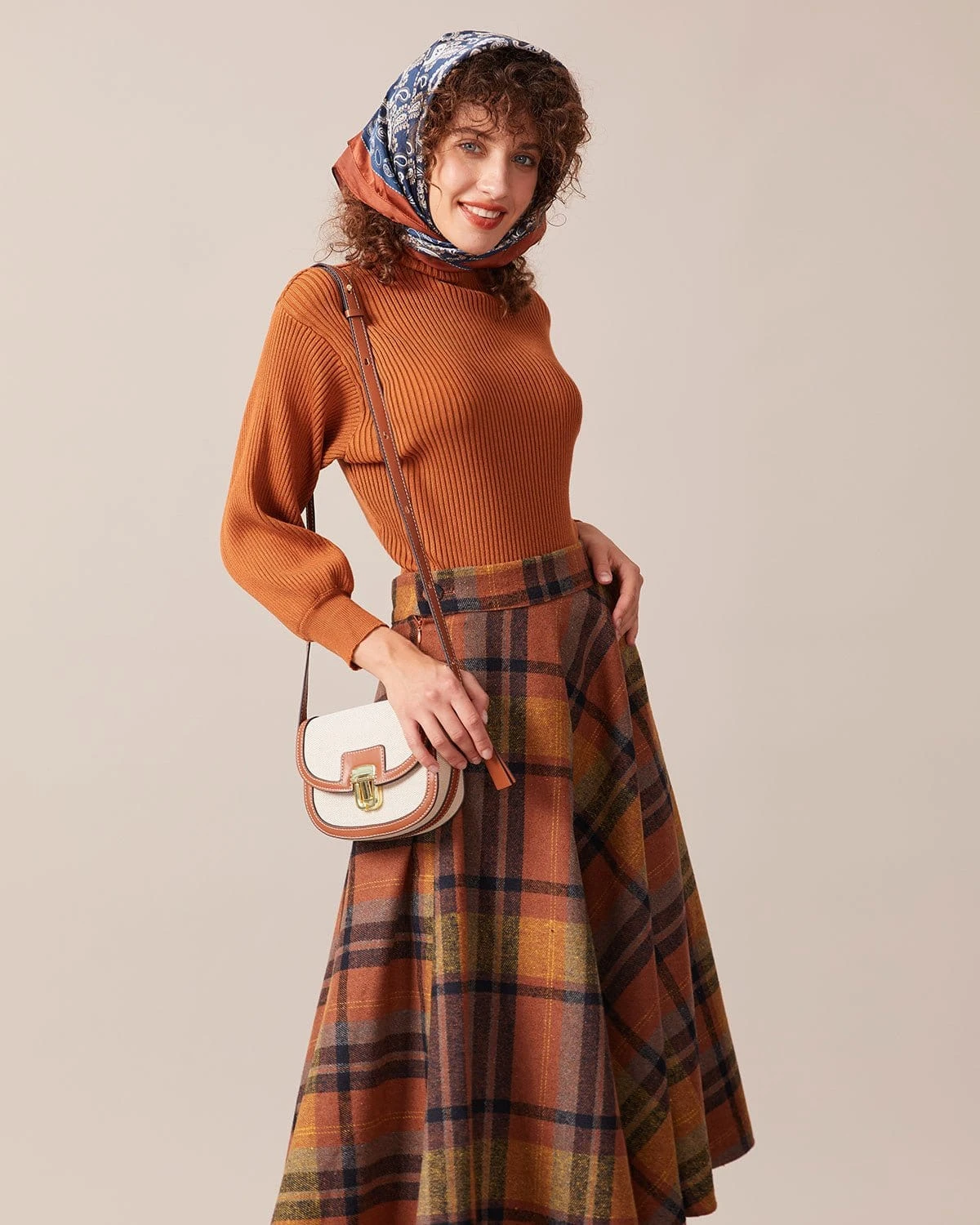 The Brown High Waisted Plaid A-Line Midi Skirt 4 The Brown High Waisted Plaid A-Line Midi Skirt - Image 4