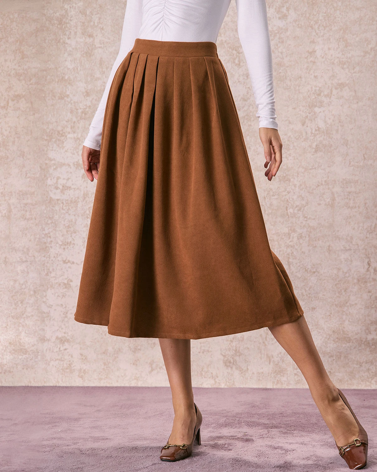 The Brown Elastic Waist Pleated Midi Skirt 1 The Brown Elastic Waist Pleated Midi Skirt