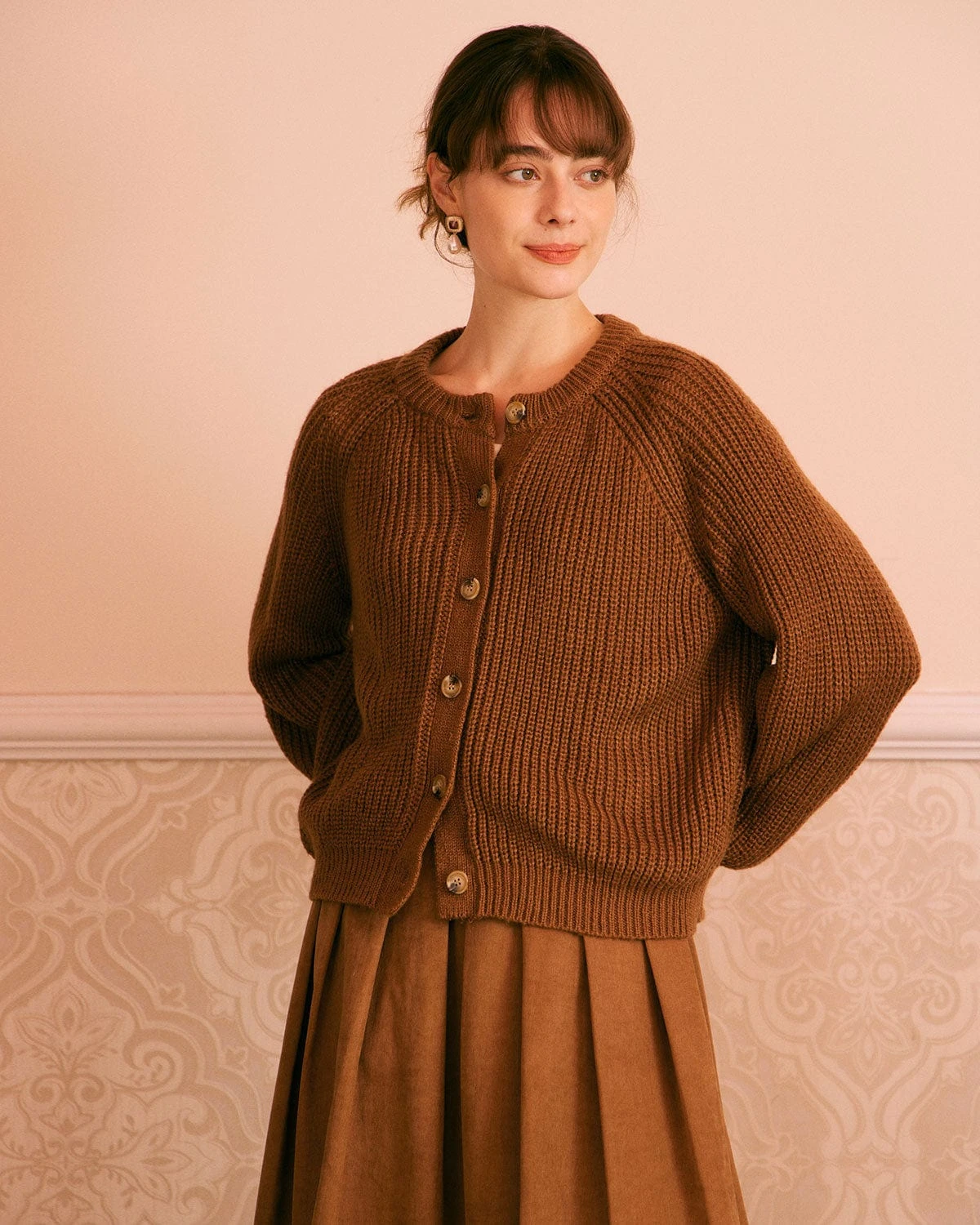 The Brown Round Neck Ribbed Knit Cardigan 1 The Brown Round Neck Ribbed Knit Cardigan