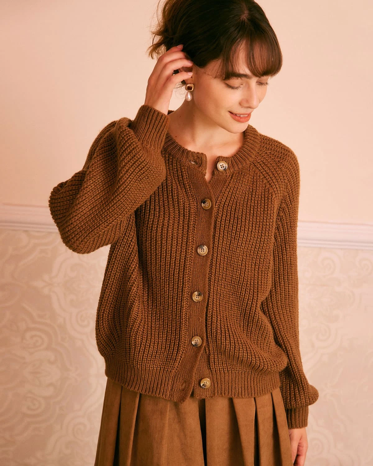 The Brown Round Neck Ribbed Knit Cardigan 3 The Brown Round Neck Ribbed Knit Cardigan - Image 3