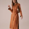 The Brown Lapel Flare Sleeve Suede Midi Dress