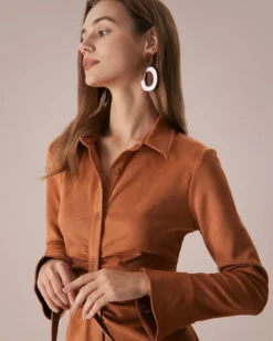 The Brown Lapel Flare Sleeve Suede Midi Dress -Deals Dress N Swimwear Store the brown ruched suede midi dress dresses 8exa1y