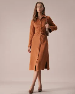 The Brown Lapel Flare Sleeve Suede Midi Dress -Deals Dress N Swimwear Store the brown ruched suede midi dress dresses ihty7k