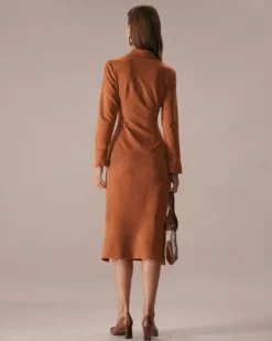 The Brown Lapel Flare Sleeve Suede Midi Dress -Deals Dress N Swimwear Store the brown ruched suede midi dress dresses nbumzr