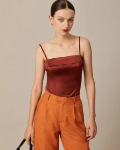 The Brown Zipper Back Satin Cami Top