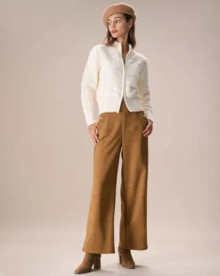 The Brown High Waisted Suede Straight Pants 11 The Brown High Waisted Suede Straight Pants -Deals Dress N Swimwear Store the brown suede button straight pants bottoms vag9c7