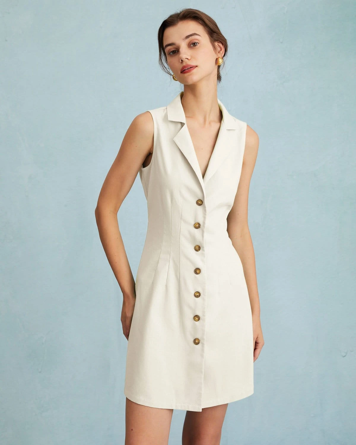 The Beige Lapel Button-up Sleeveless Mini Dress 1 The Beige Lapel Button-up Sleeveless Mini Dress