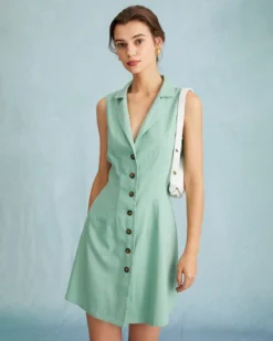 The Green Lapel Button-up Sleeveless Mini Dress -Deals Dress N Swimwear Store the button front vest mini dress dresses hisljc 634625