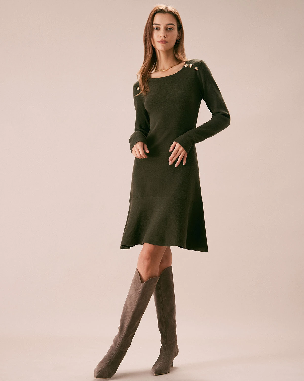 The Army Green Button Sweater Mini Dress 4 The Army Green Button Sweater Mini Dress - Image 4