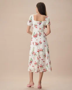 The White Puff Sleeve Cherry Split Midi Dress 10 The White Puff Sleeve Cherry Split Midi Dress -Deals Dress N Swimwear Store the cherry tie side split midi dress dresses btkd2x