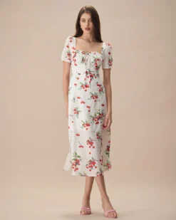 The White Puff Sleeve Cherry Split Midi Dress