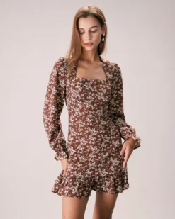 The Coffee Square Neck Floral Mini Dress