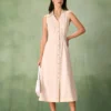 The Beige Collared Sleeveless Shirt Midi Dress