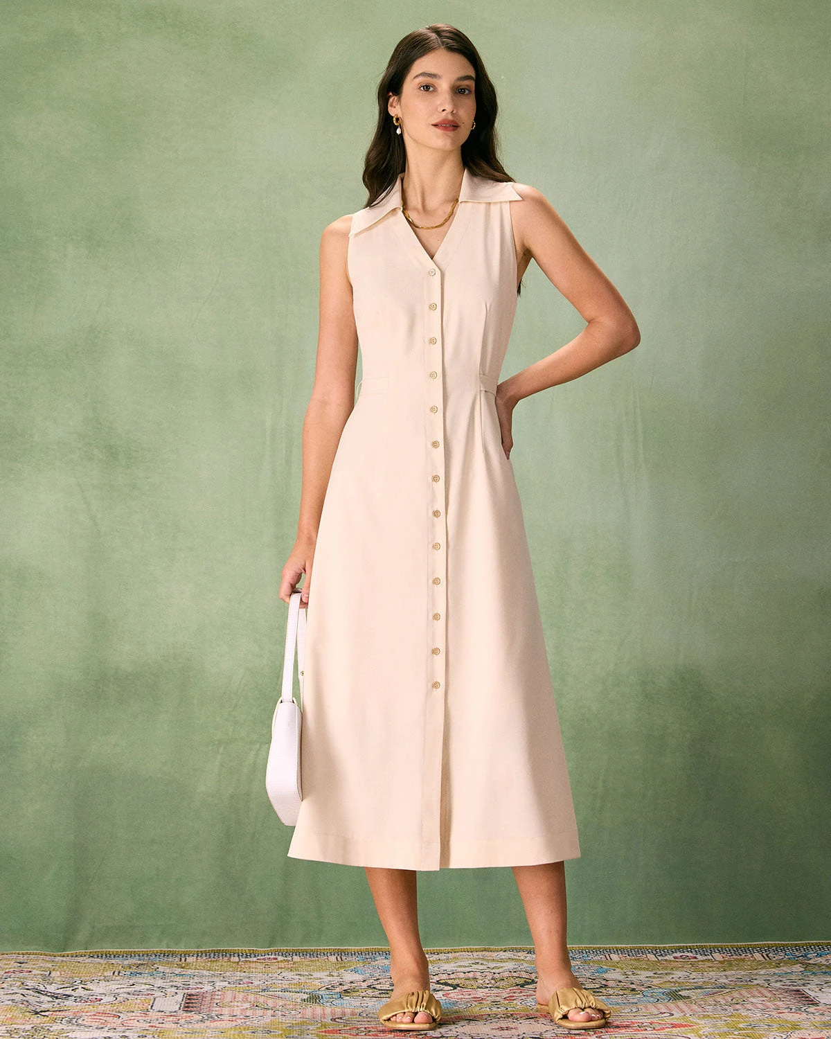 The Beige Collared Sleeveless Shirt Midi Dress 1 The Beige Collared Sleeveless Shirt Midi Dress