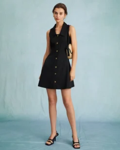 The Black Collared Sleeveless A Line Shirt Mini Dress -Deals Dress N Swimwear Store the collared sleeveless shirt dress black dresses fzcewc 229706