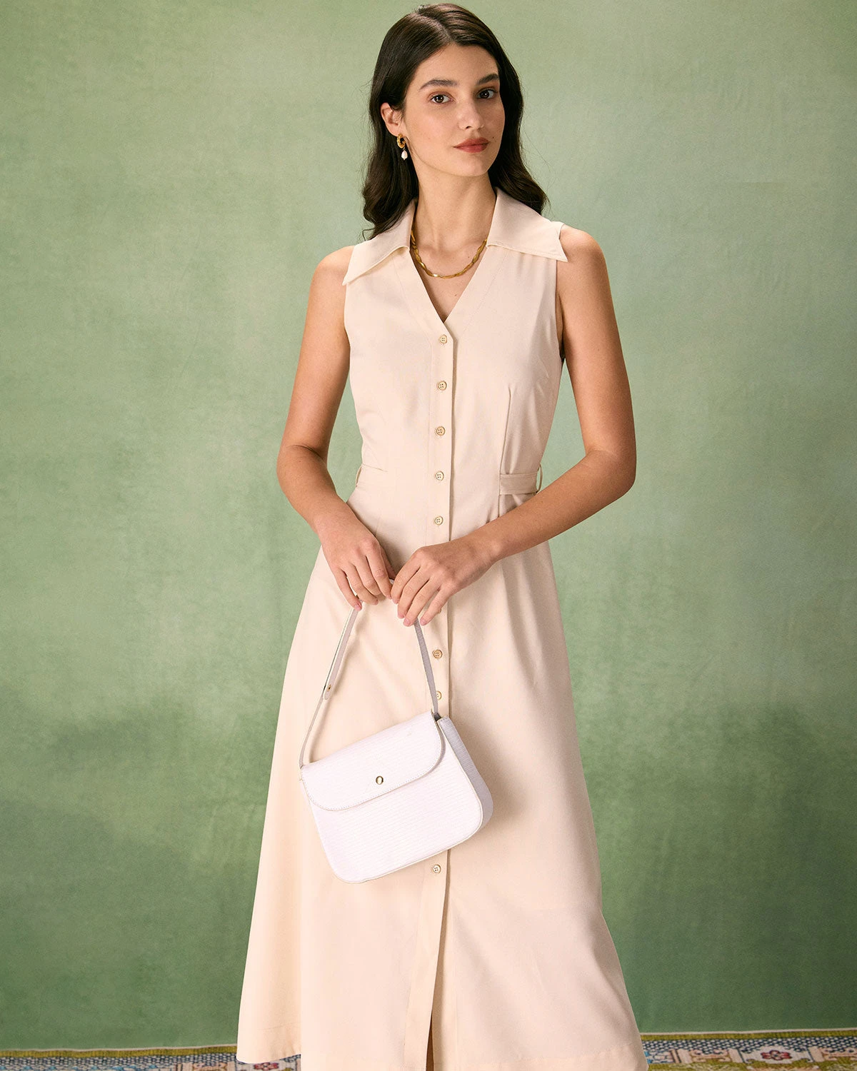 The Beige Collared Sleeveless Shirt Midi Dress 2 The Beige Collared Sleeveless Shirt Midi Dress - Image 2