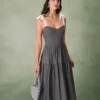 The Grey Tiered Cotton Linen Midi Dress
