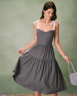 The Grey Tiered Cotton Linen Midi Dress -Deals Dress N Swimwear Store the contrast tie tiered midi dress grey dresses stfgmg