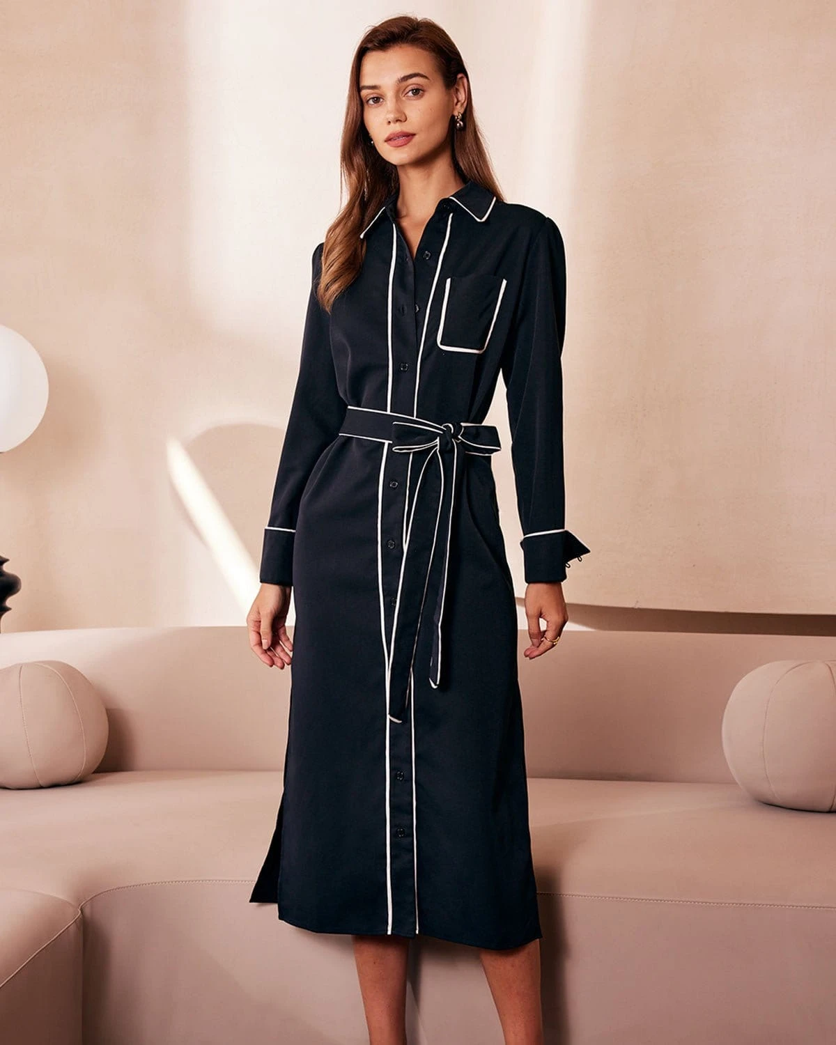 The Black Contrast Belted Shirt Midi Dress 4 The Black Contrast Belted Shirt Midi Dress - Image 4