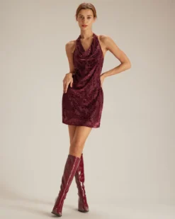 The Wine Red Halter Floral Burnout Mini Dress 9 The Wine Red Halter Floral Burnout Mini Dress -Deals Dress N Swimwear Store the cowl neck burnout halter dress dresses 9rdpbj