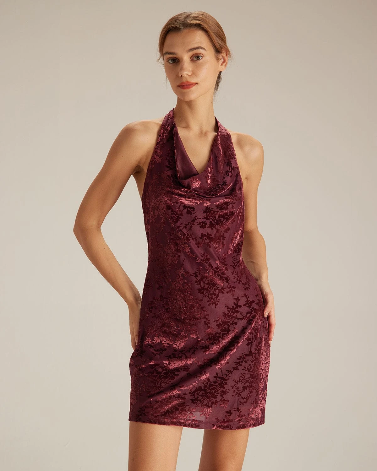 The Wine Red Halter Floral Burnout Mini Dress 1 The Wine Red Halter Floral Burnout Mini Dress