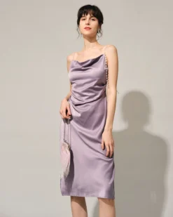 The Solid Cowl Neck Pearl Strap Midi Dress